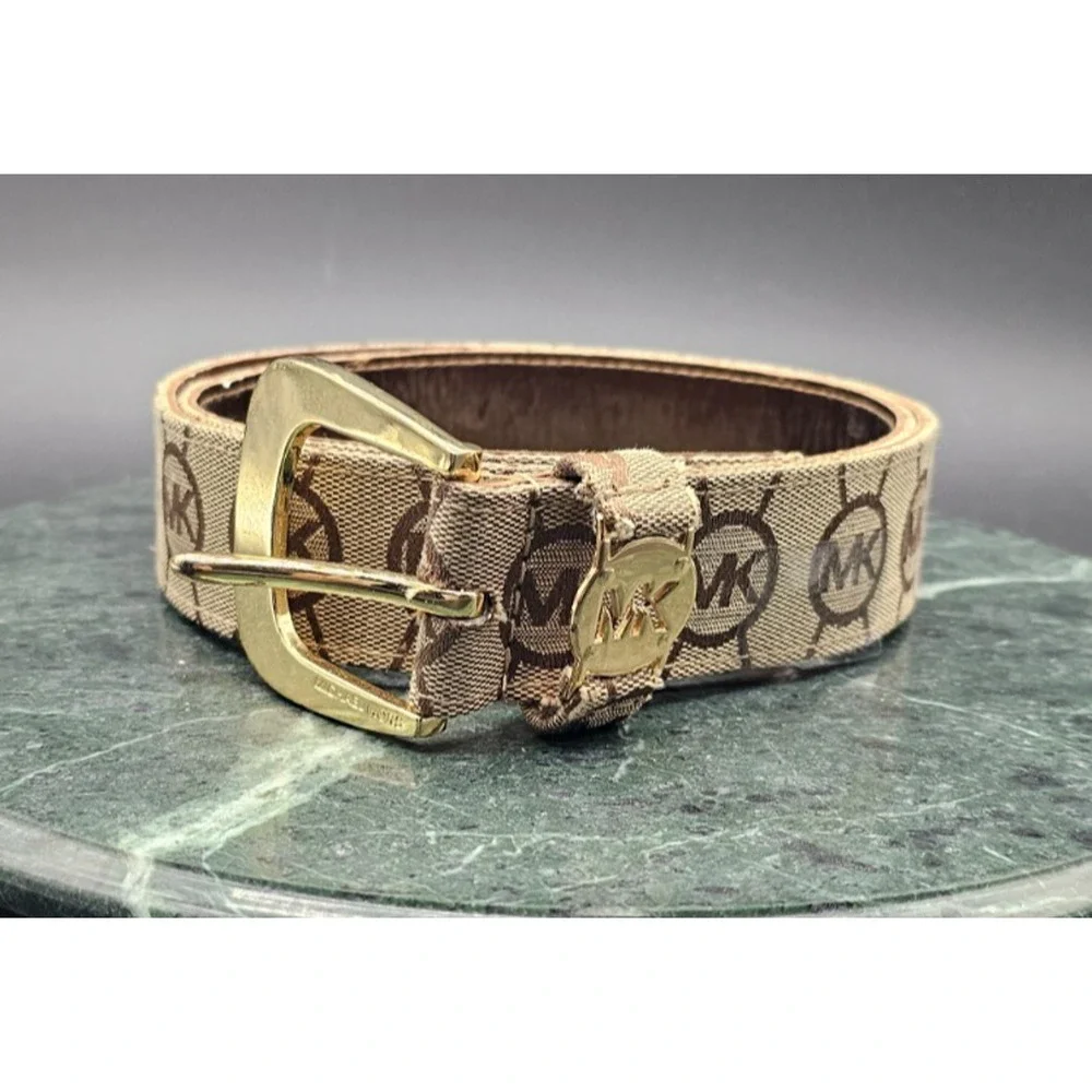 Michael Kors Signature Monogram Logo Canvas Leather Belt Gold Buckle Size L